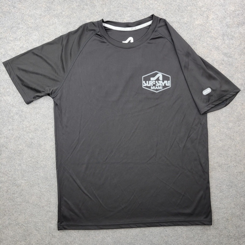 Surf Style Shirt Mens Large Black Short Sleeve UPF 50+ Rash Guard‎ Top Beach